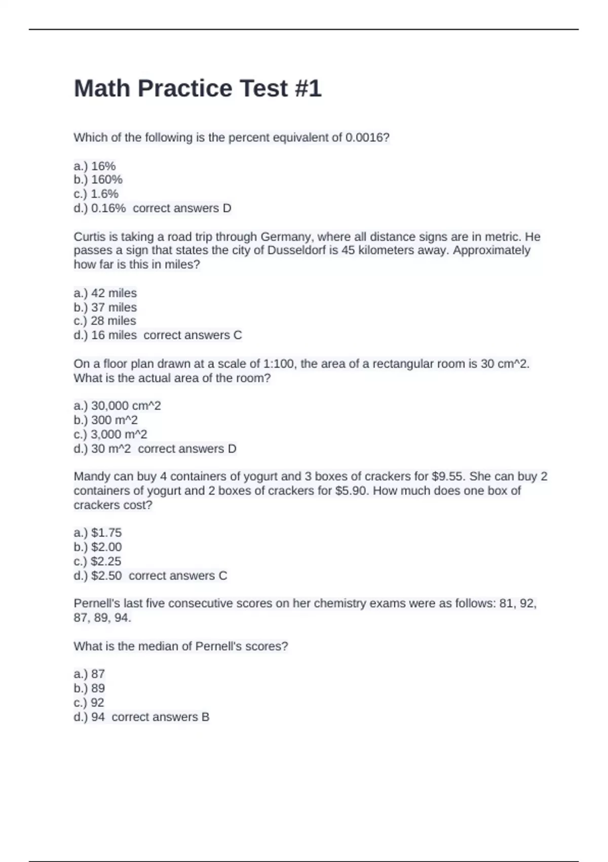 Math Practice exam with correct answers 2024 - Math Practice Tes ...