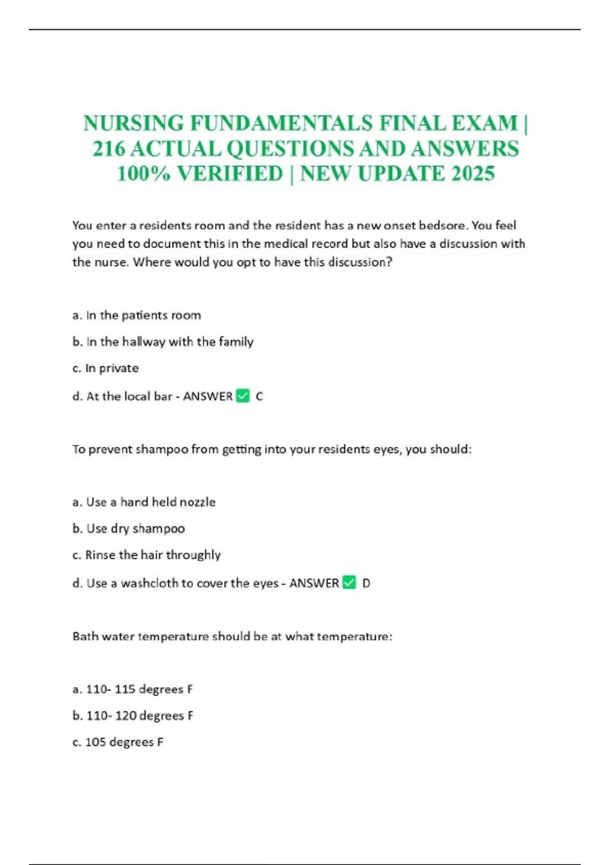 NURSING FUNDAMENTALS FINAL EXAM | 216 ACTUAL QUESTIONS AND ANSWERS 100% ...