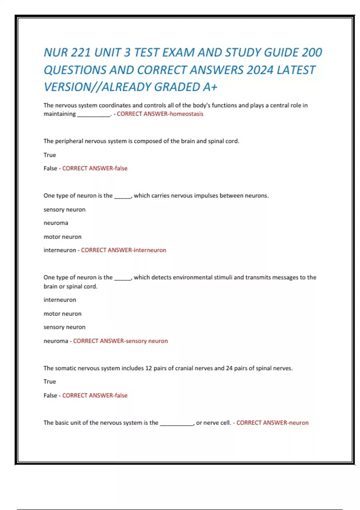 NUR 221 UNIT 3 TEST EXAM AND STUDY GUIDE 200 QUESTIONS AND CORRECT ...