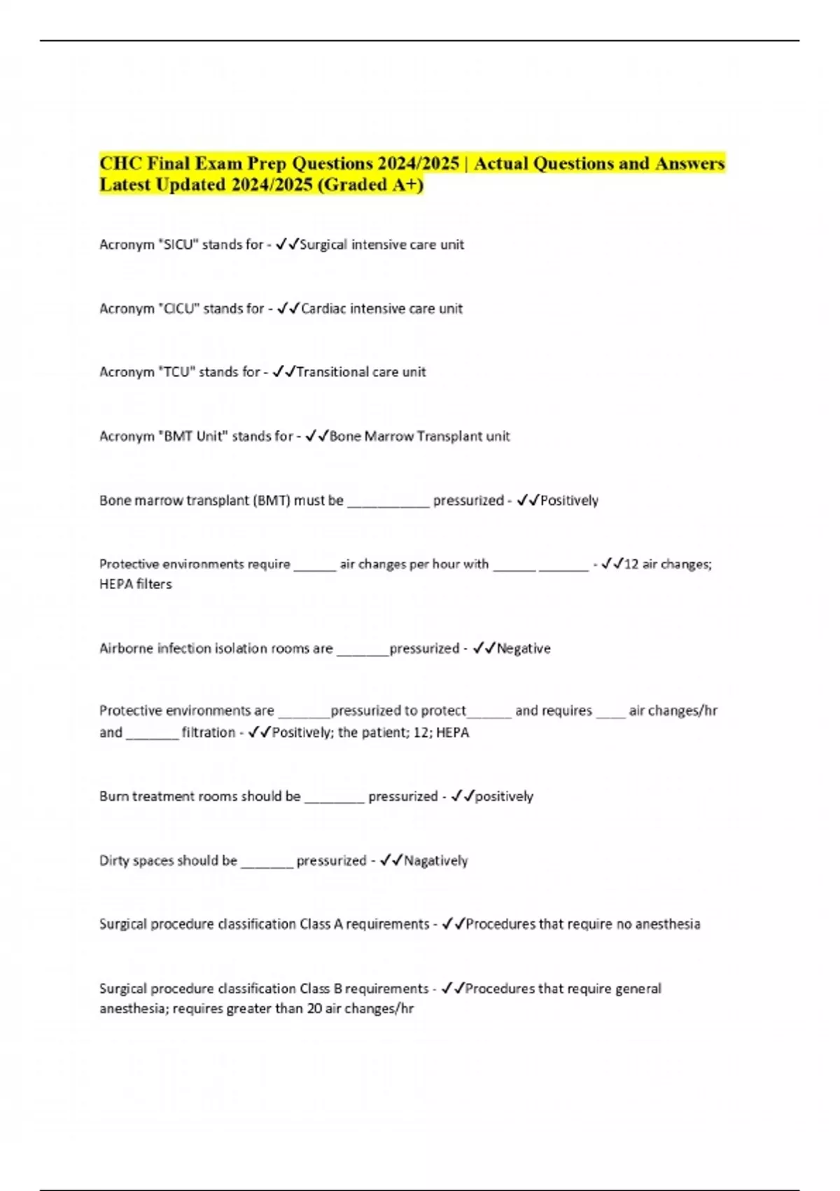 CHC Final Exam Prep Questions 2024/2025 | Actual Questions and Answers ...