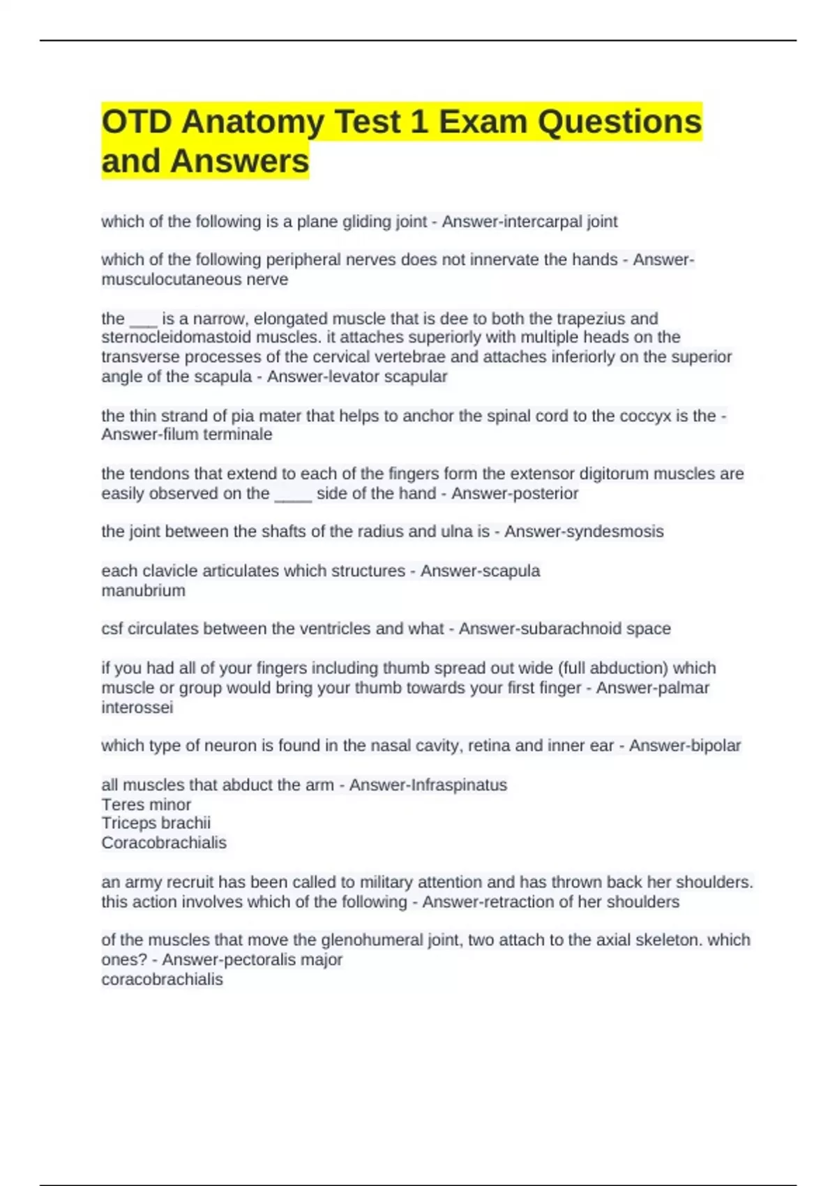 OTD Anatomy Test 1 Exam Questions and Answers OTD Stuvia UK