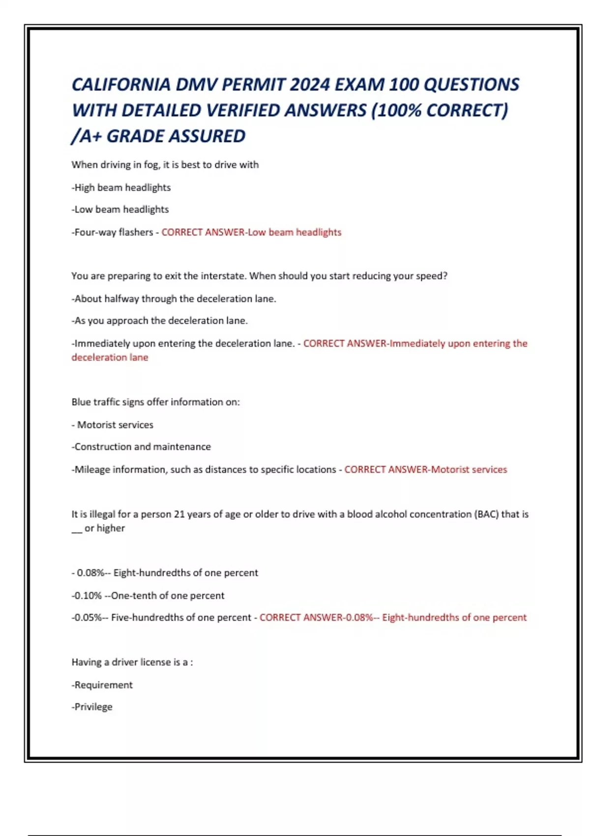 CALIFORNIA DMV PERMIT 2024 EXAM 100 QUESTIONS WITH DETAILED VERIFIED ...