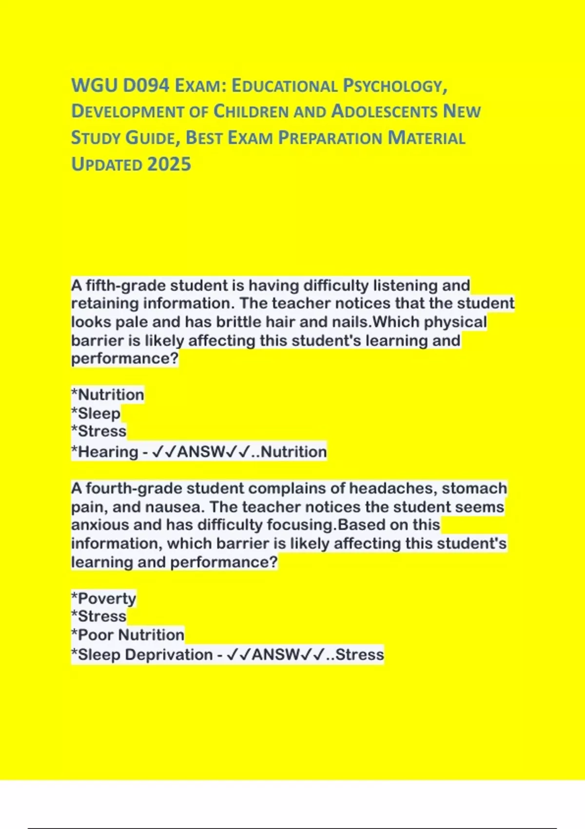WGU D094 EXAM: EDUCATIONAL PSYCHOLOGY, DEVELOPMENT OF CHILDREN AND ...