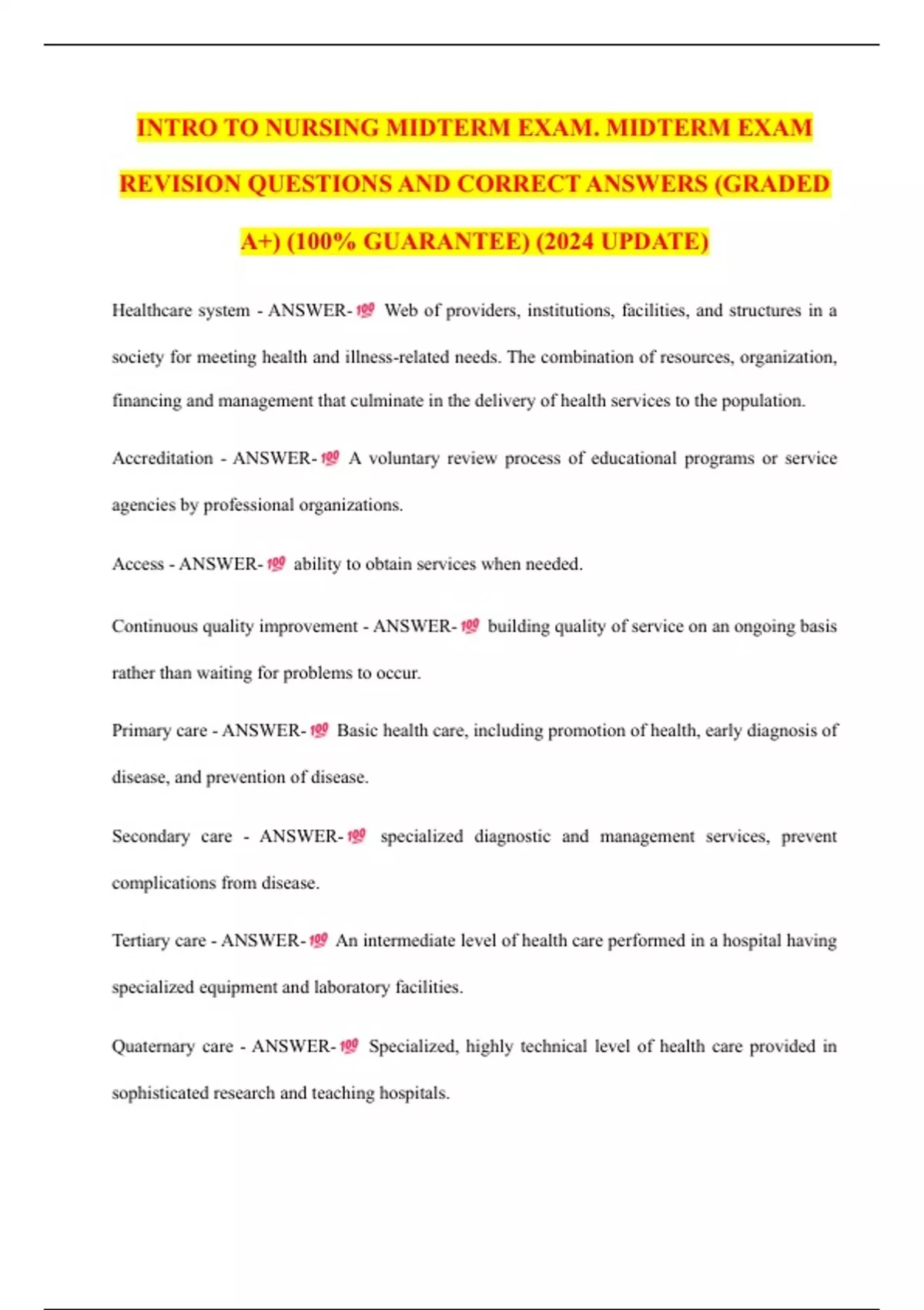INTRODUCTION TO NURSING MIDTERM EXAM. MIDTERM EXAM REVISION QUESTIONS AND CORRECT ANSWERS ...