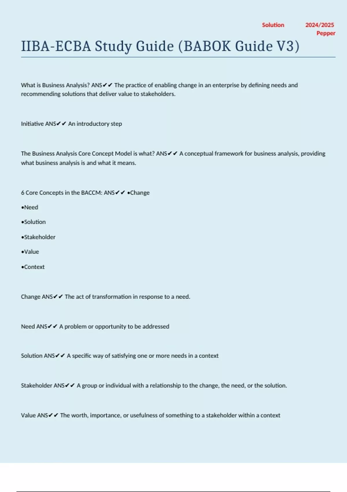 IIBA-ECBA Study Guide (BABOK Guide V3) With complete solutions - BABOK ...