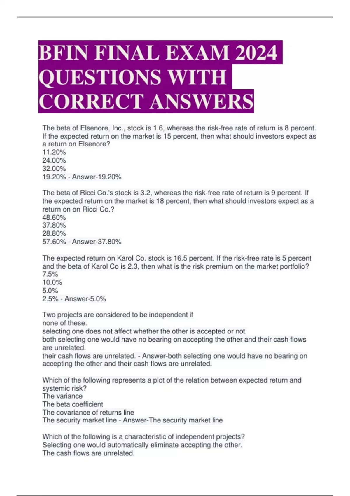 BFIN FINAL EXAM 2024 QUESTIONS WITH CORRECT ANSWERS - BFIN - Stuvia US