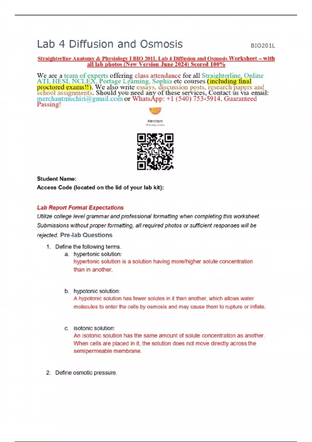 Straighterline Anatomy & Physiology I BIO 201L Lab 4 Diffusion and