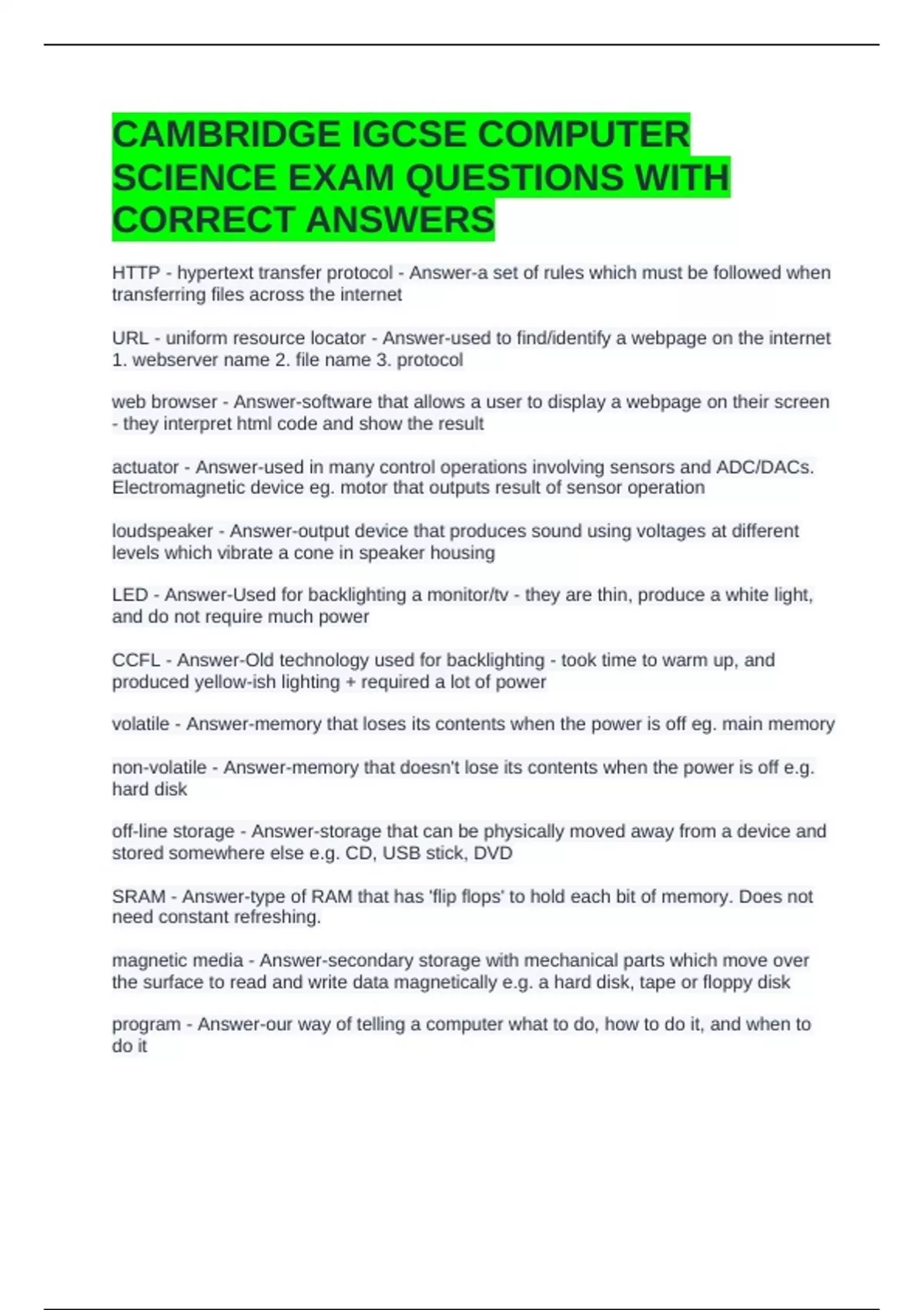 CAMBRIDGE IGCSE COMPUTER SCIENCE EXAM QUESTIONS WITH CORRECT ANSWERS ...