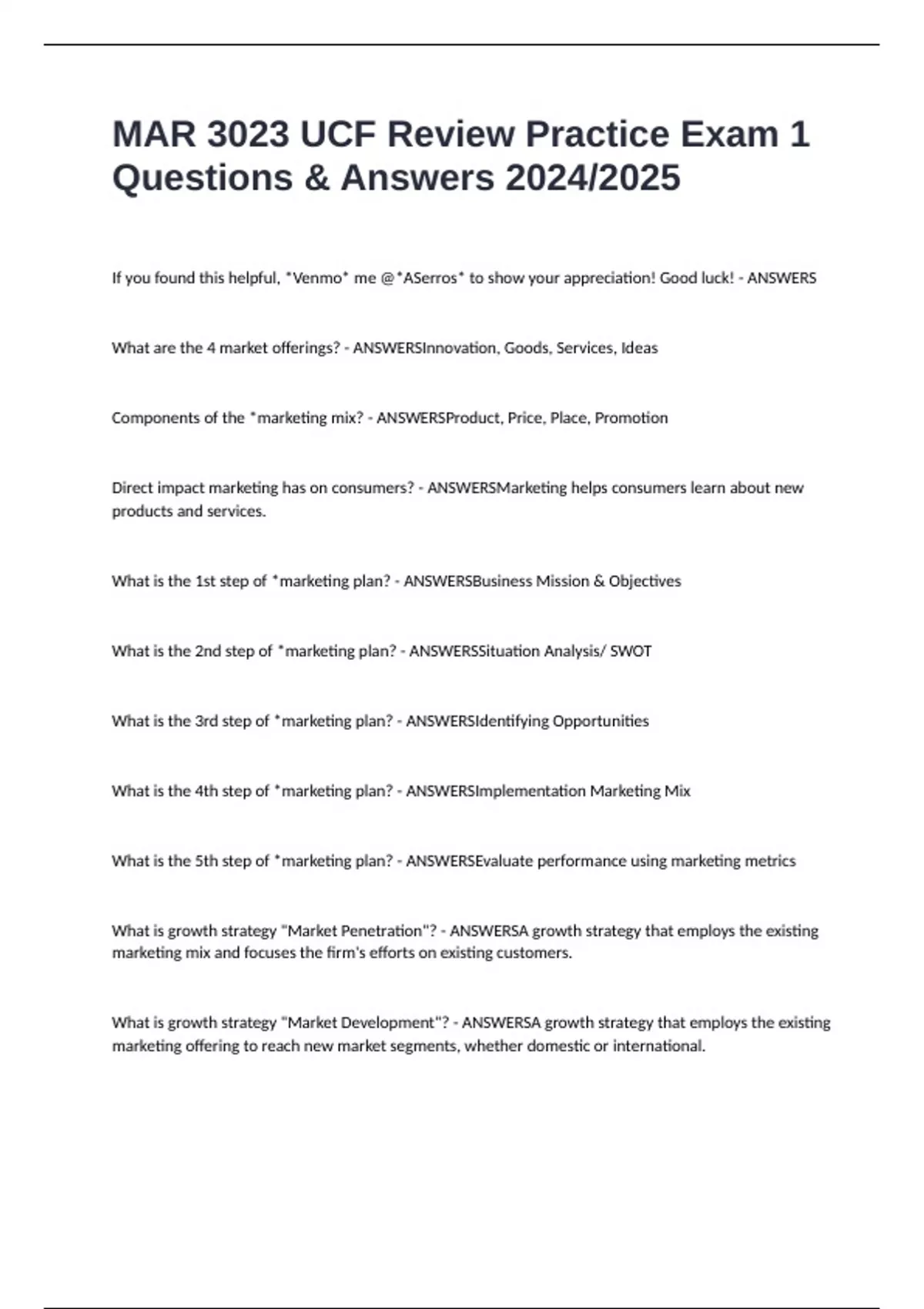 MAR 3023 UCF Review Practice Exam 1 Questions & Answers 2024/2025 - MAR ...