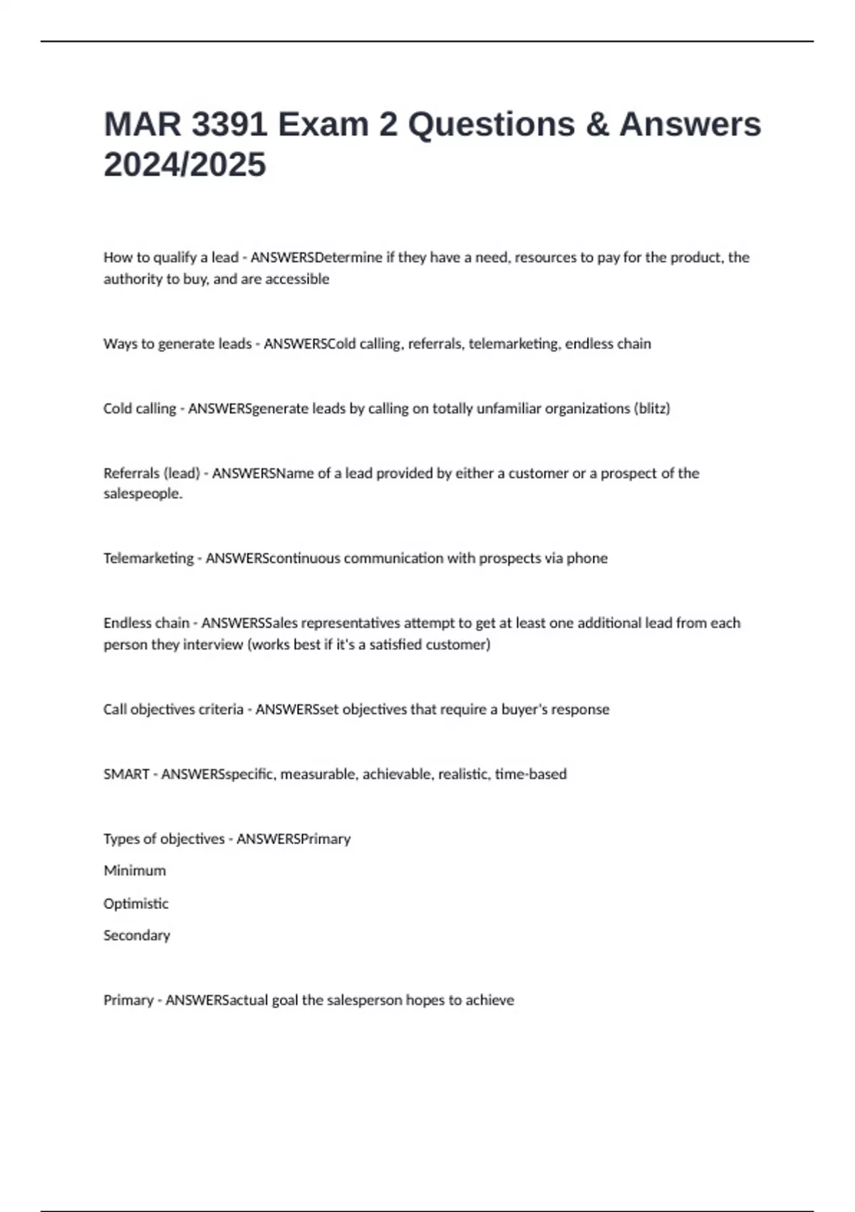 MAR 3391 Exam 2 Questions & Answers 2024/2025 - MAR 3391 - Stuvia US