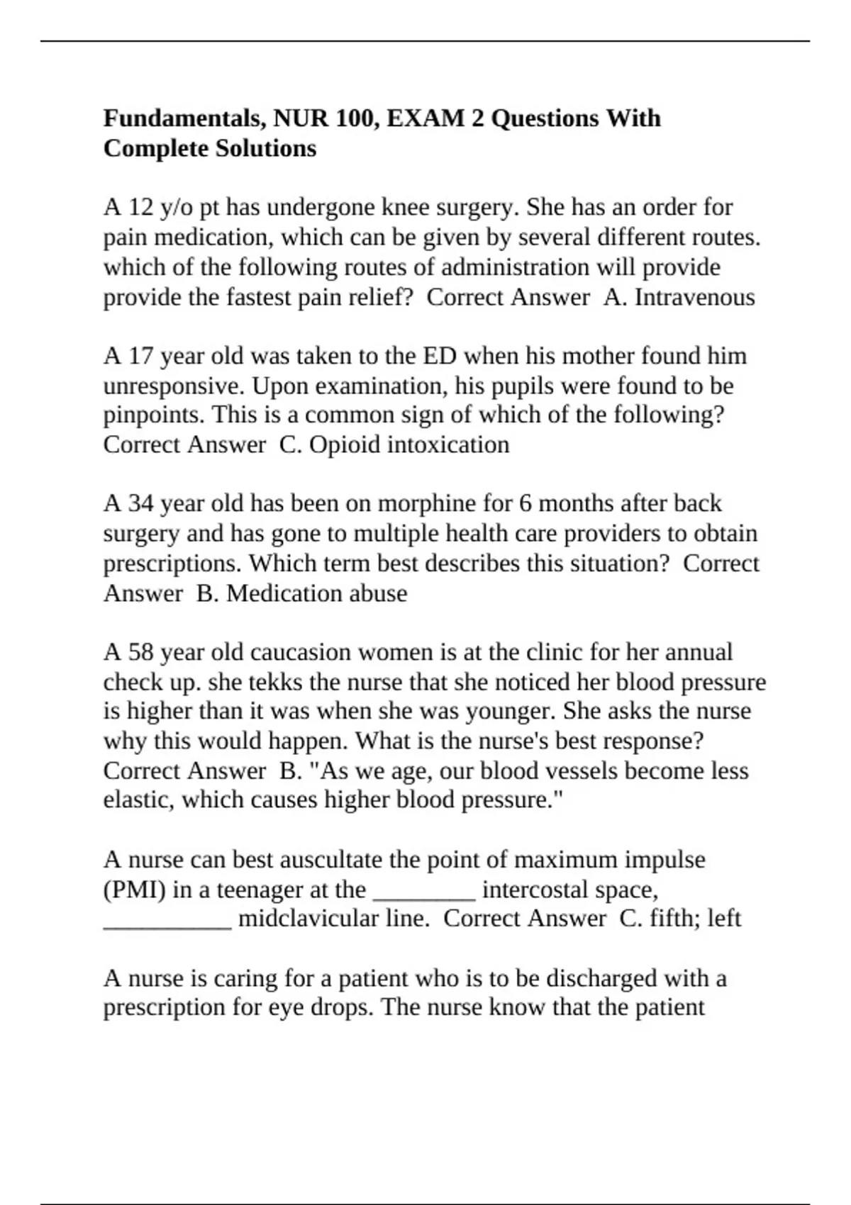 Fundamentals, NUR 100, EXAM 2 Questions With Complete Solutions - NUR ...