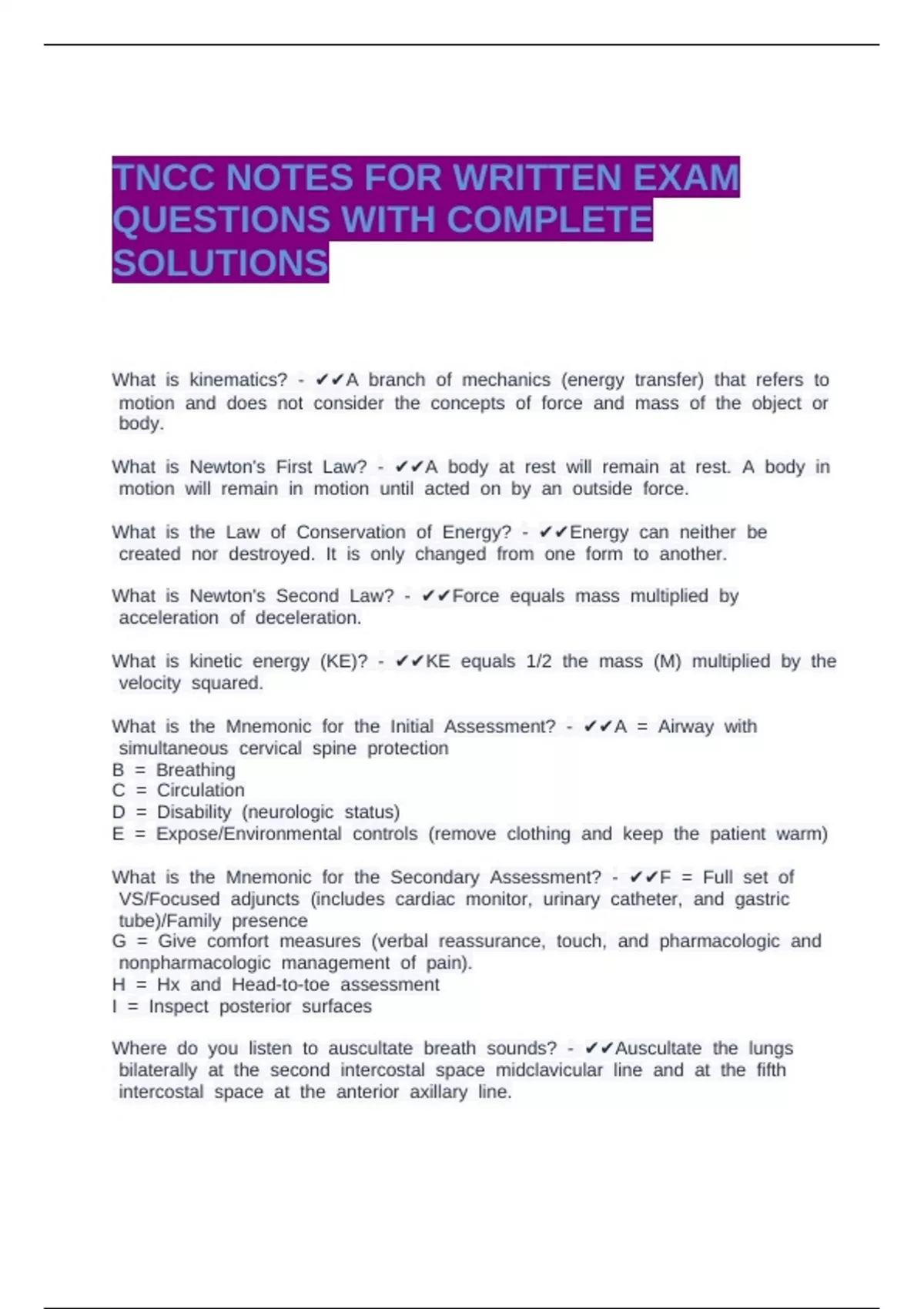 TNCC NOTES FOR WRITTEN EXAM QUESTIONS WITH COMPLETE SOLUTIONS. - TNCC ...