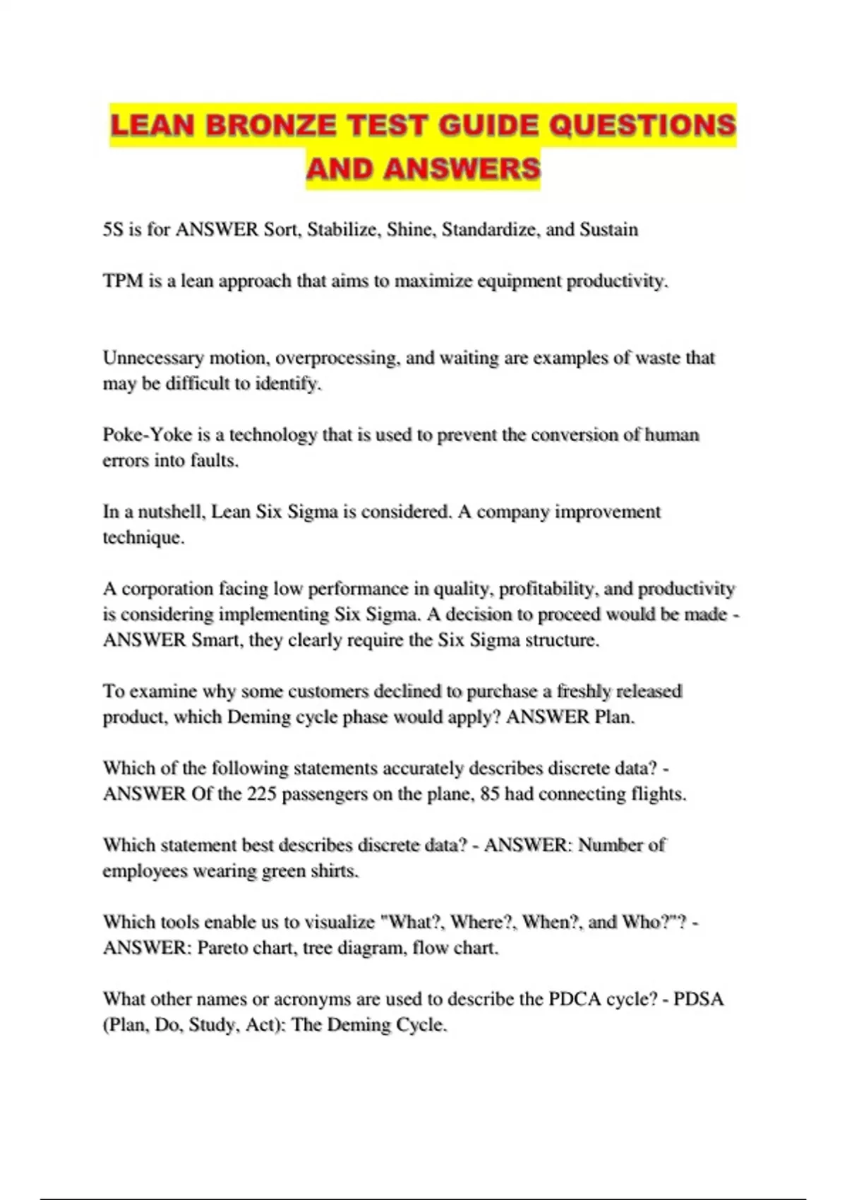 Lean Bronze LEAN BRONZE TEST GUIDE QUESTIONS AND ANSWERS - LEAN BRONZE - Stuvia US