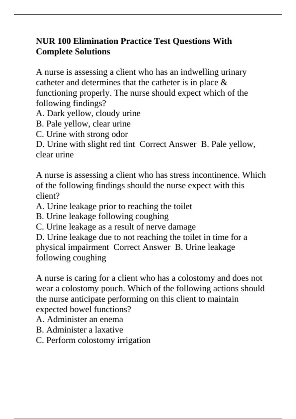 NUR 100 Elimination Practice Test Questions With Complete Solutions ...