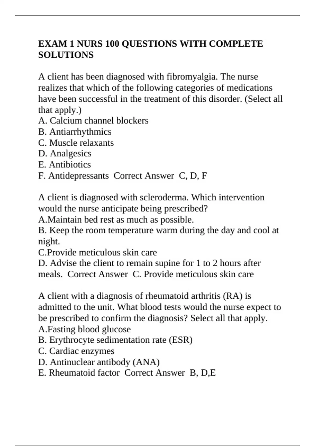 EXAM 1 NURS 100 QUESTIONS WITH COMPLETE SOLUTIONS - NURS 100 - Stuvia US