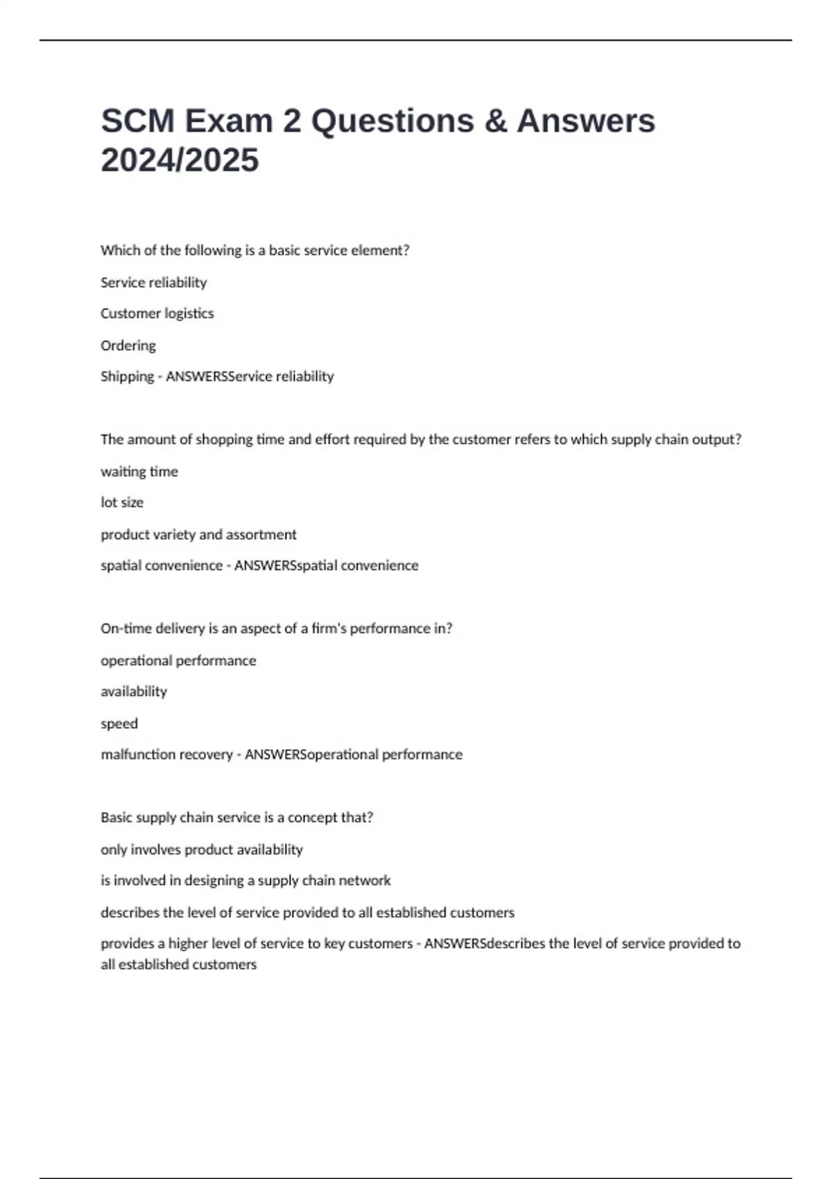 SCM Exam 2 Questions & Answers 2024/2025 - SCM - Stuvia US