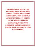  DAVITA&lpar;RN&rpar; FINAL WITH ACTUAL QUESTIONS AND COMPLETE 100&percnt; CORRECT ANSWERS WITH VERIFIED AND WELL EXPLAINED  RATIONALES ALREADY GRADED A&plus; BY EXPERTS  &vert;LATEST VERSION 2024 WITH GUARANTEED SUCCESS AFTER DOWNLOAD  ALREADY PASSED&excl;&excl;&excl;&excl;&excl;&excl;&excl; &lpar;PROVEN ITS ALL YOU NEE