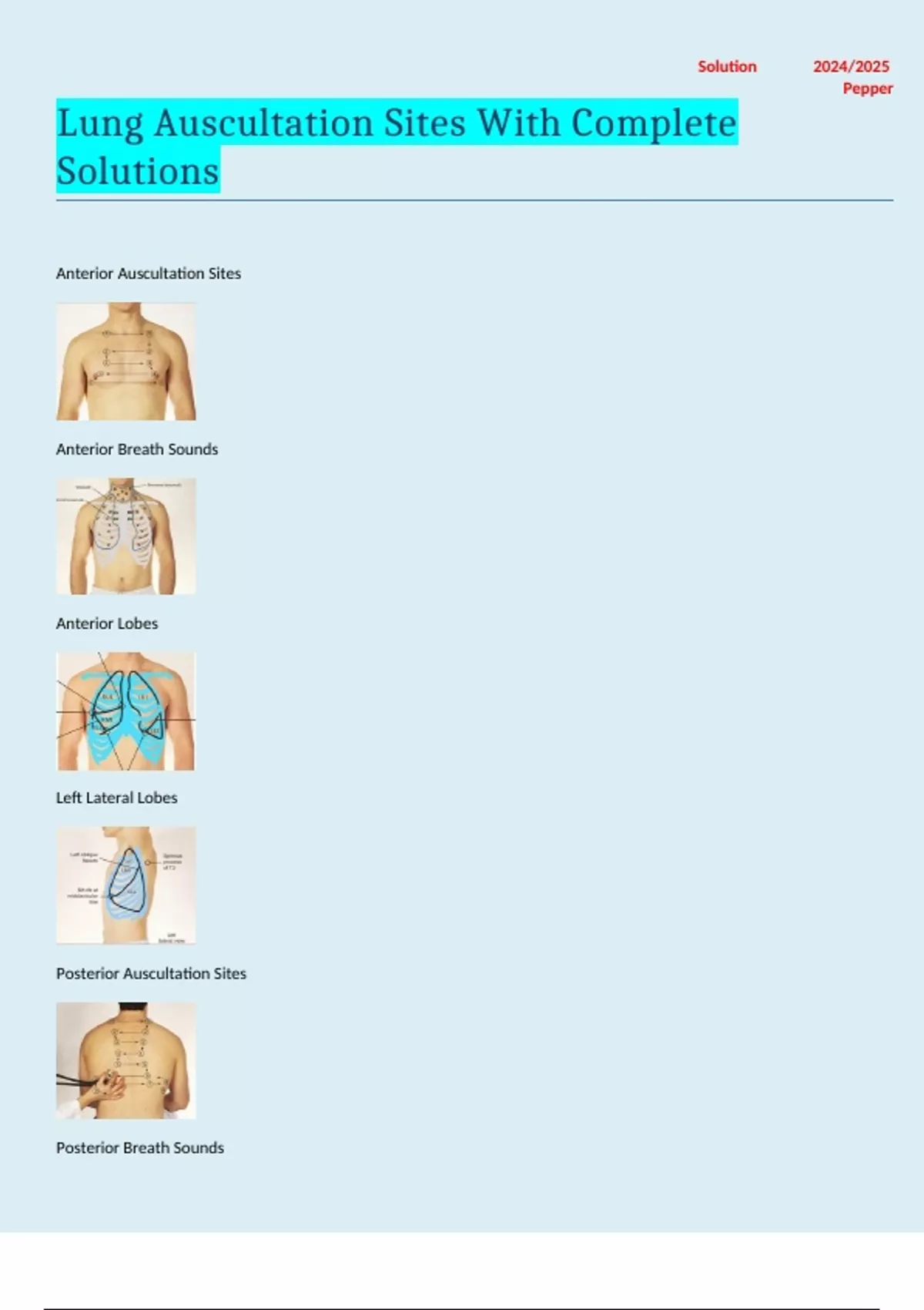 Lung Auscultation Sites With Complete Solutions - NSG262 - Stuvia US