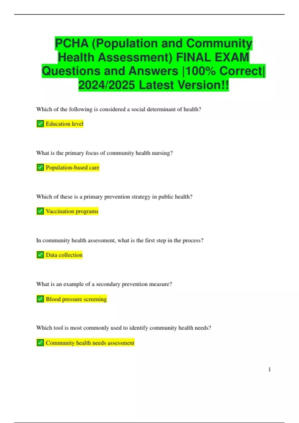 PCHA (Population and Community Health Assessment) FINAL EXAM Questions