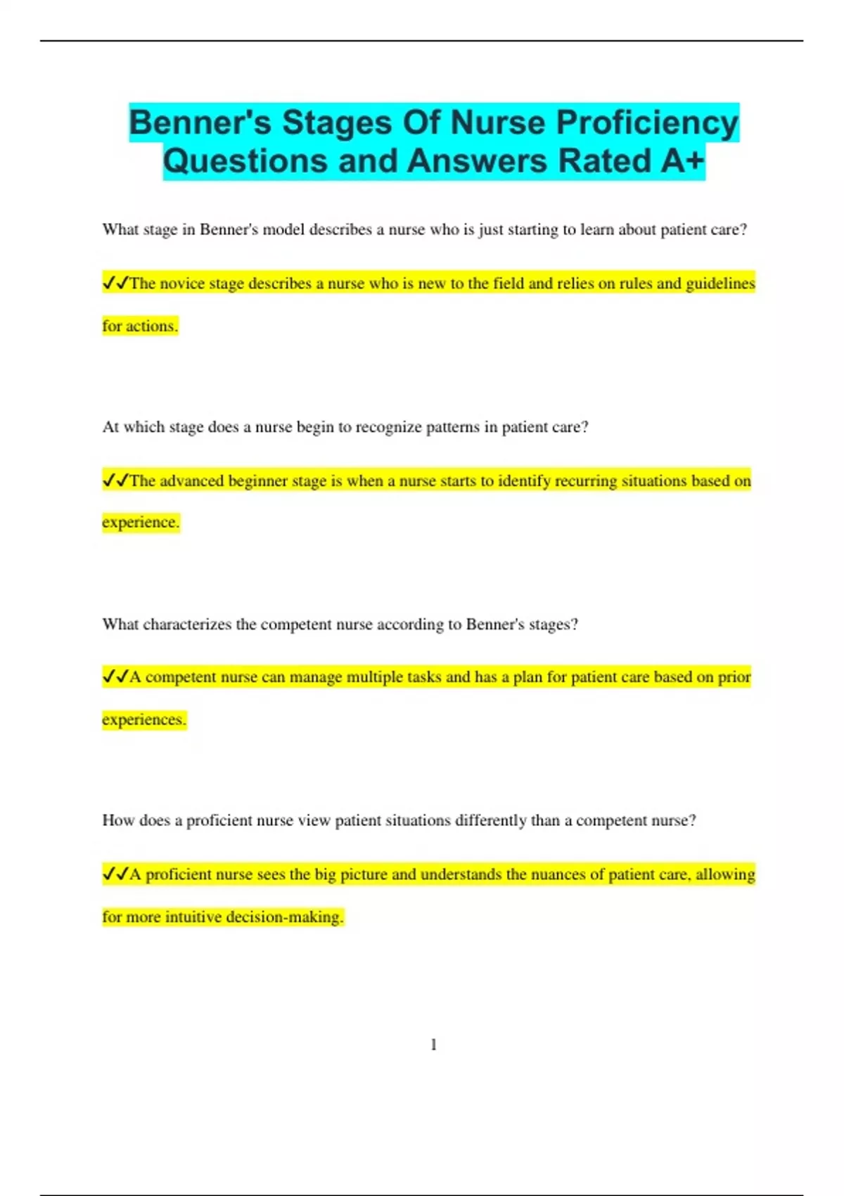 Benner's Stages Of Nurse Proficiency Questions and Answers Rated A+ ...