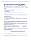 Michigan Life&comma; Accident&comma; and Health Questions and Answers 100&percnt; Correct