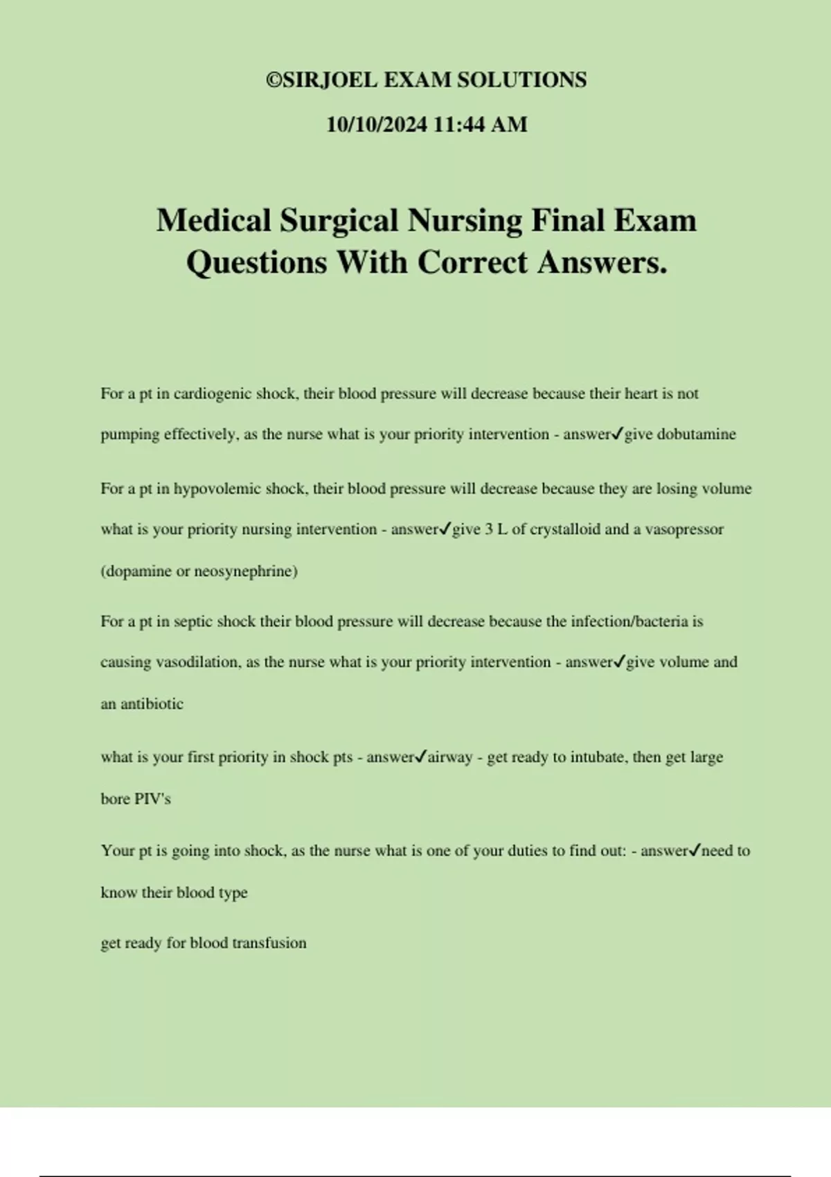 Medical Surgical Nursing Final Exam Questions With Correct Answers ...