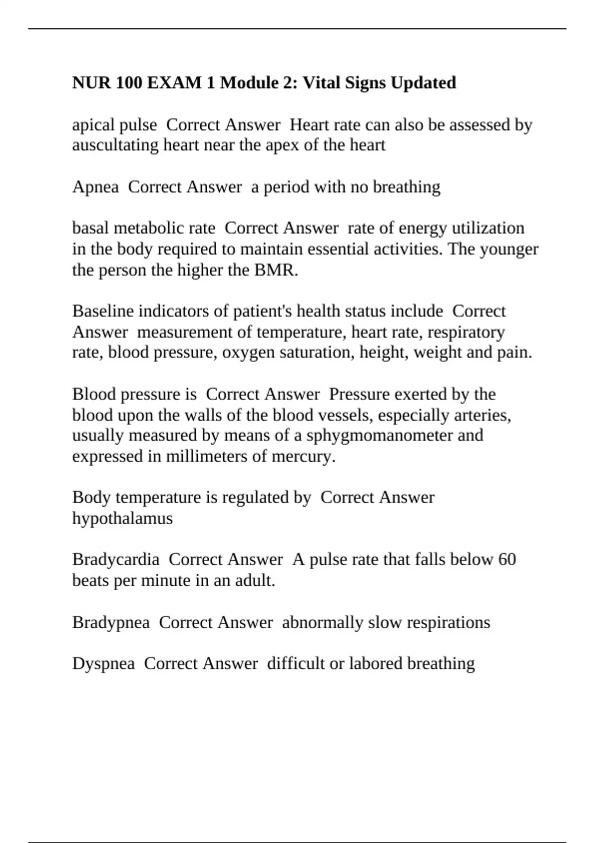 NUR 100 EXAM 1 Module 2: Vital Signs Updated - NUR 100 - Stuvia US