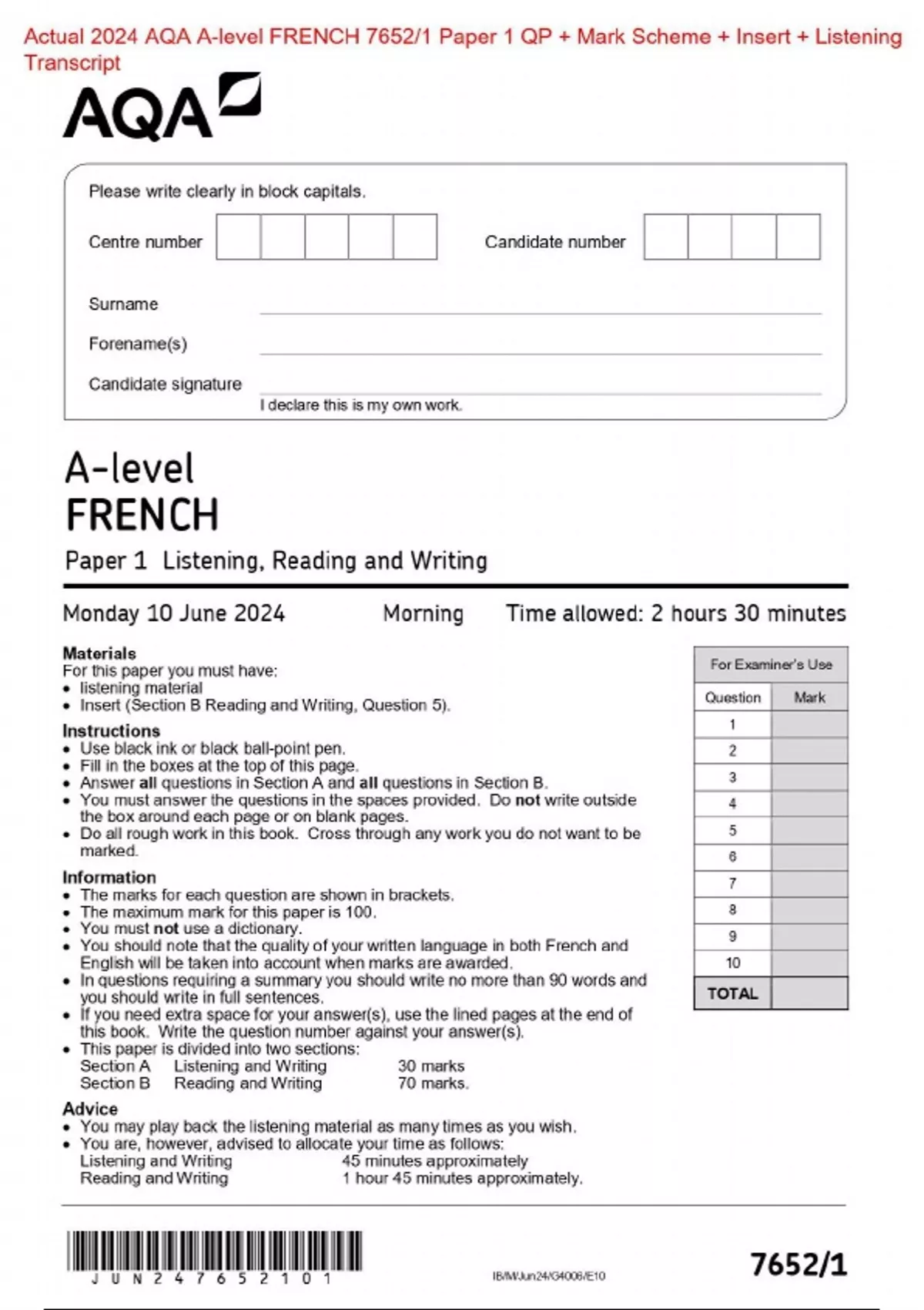Actual 2024 AQA Alevel FRENCH 7652/1 Paper 1 Question Paper + Mark