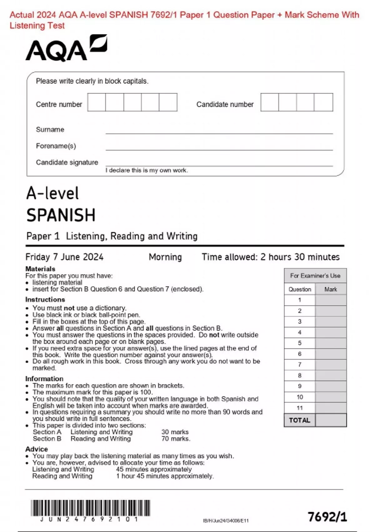 Actual 2024 AQA Alevel SPANISH 7692/1 Paper 1 Question Paper + Mark