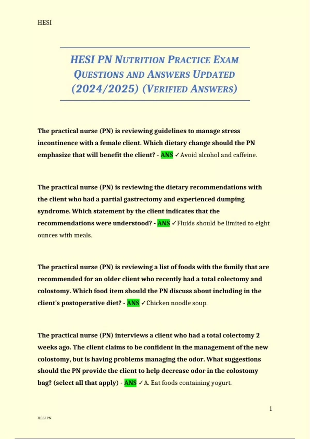 HESI PN NUTRITION PRACTICE EXAM QUESTIONS AND ANSWERS UPDATED (2024/ ...