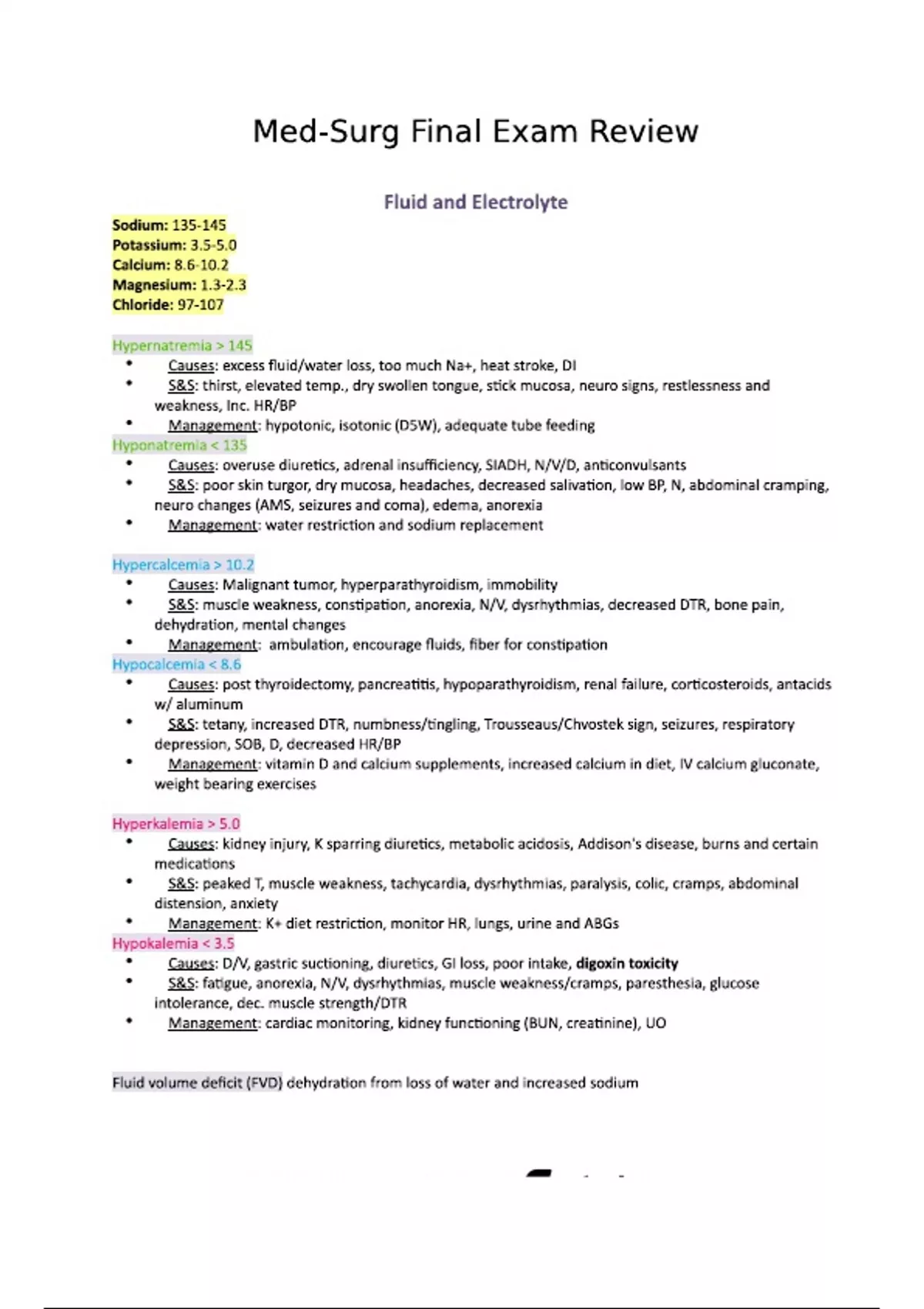 Med-Surg Final Exam Review Fluid and Electrolyte. - Med surg - Stuvia US