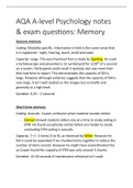 AQA A-level/AS-level Psychology Memory notes + free 25 past paper questions on memory