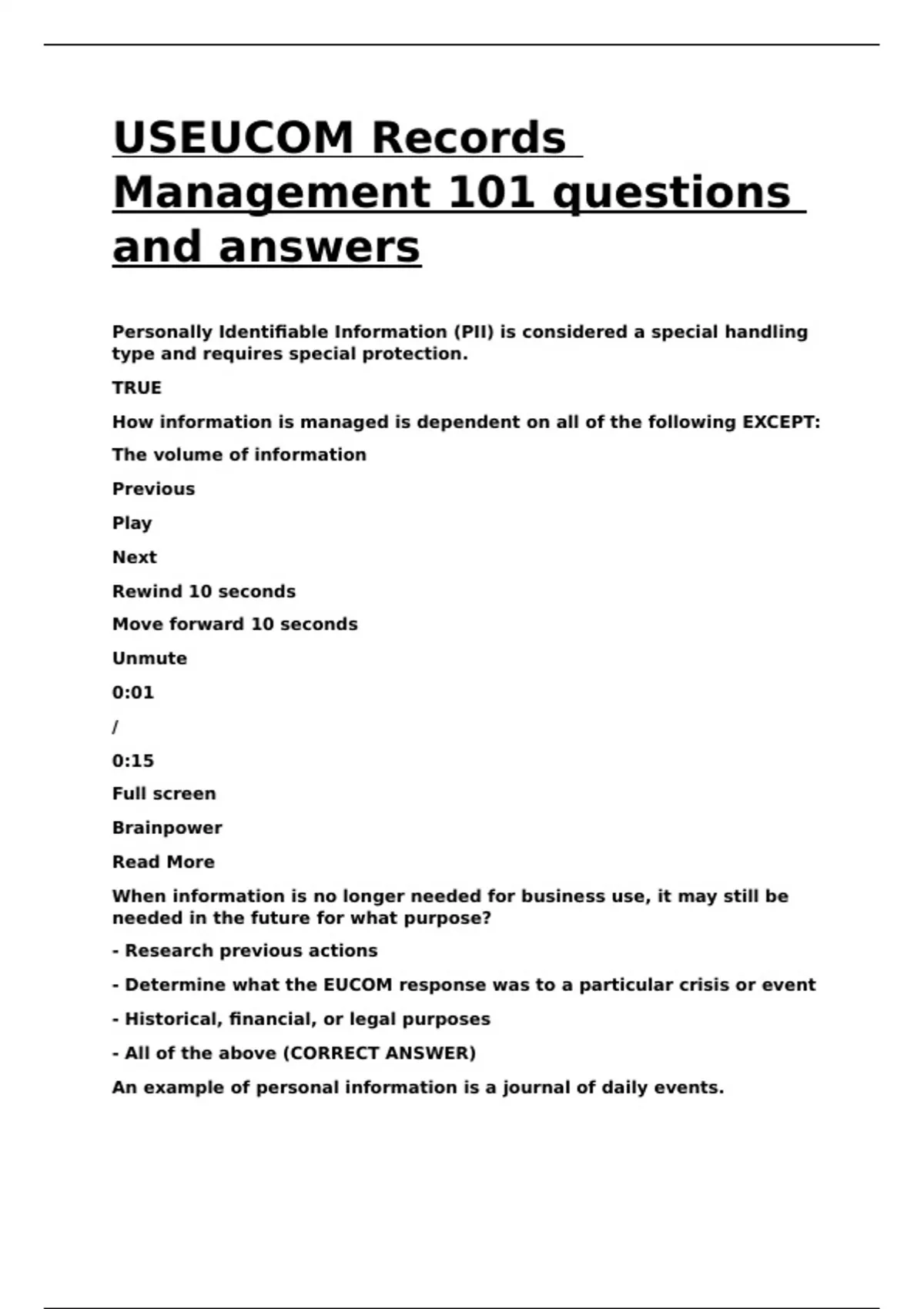 USEUCOM Records Management 101 questions and answers - Records Management - Stuvia US