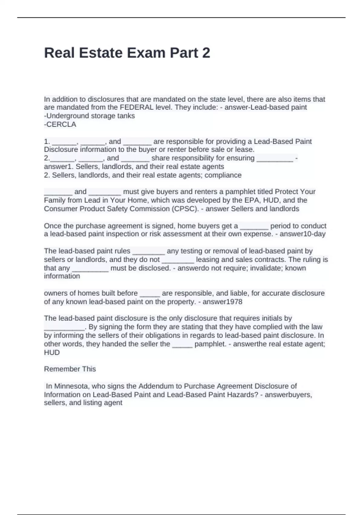 Real Estate Exam Part 2 Questions and Answers 2024 EPA Lead Risk