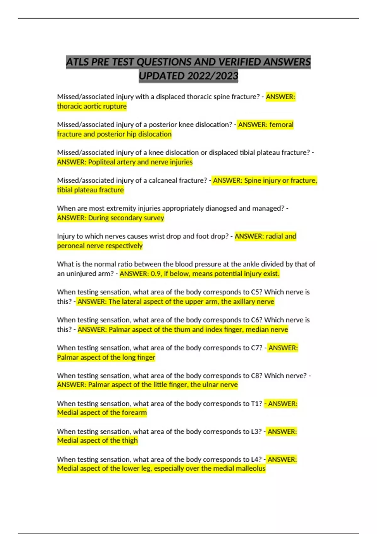 ATLS PRE TEST QUESTIONS AND VERIFIED ANSWERS - ATLS PRE - Stuvia US