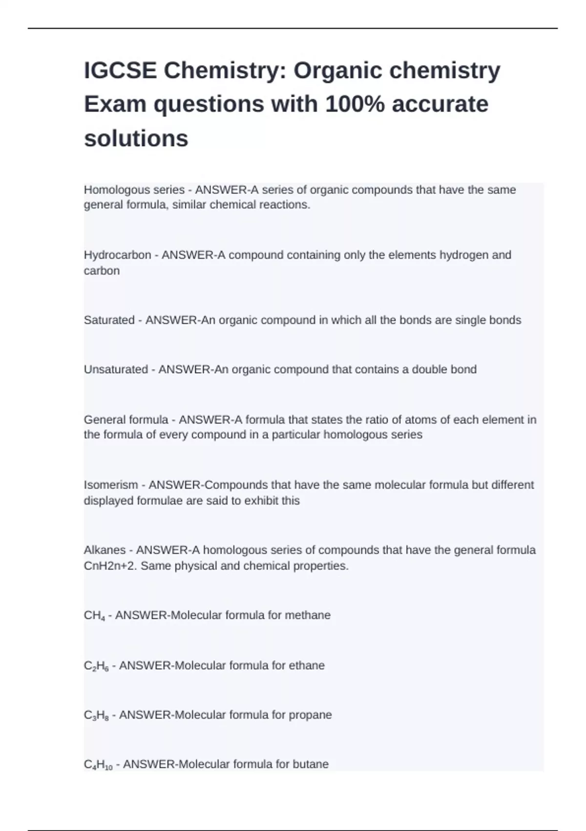 IGCSE Chemistry: Organic chemistry Exam questions with 100% accurate ...