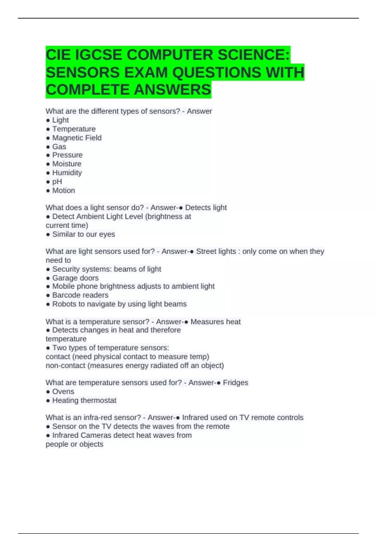 CIE IGCSE COMPUTER SCIENCE: SENSORS EXAM QUESTIONS WITH COMPLETE ...
