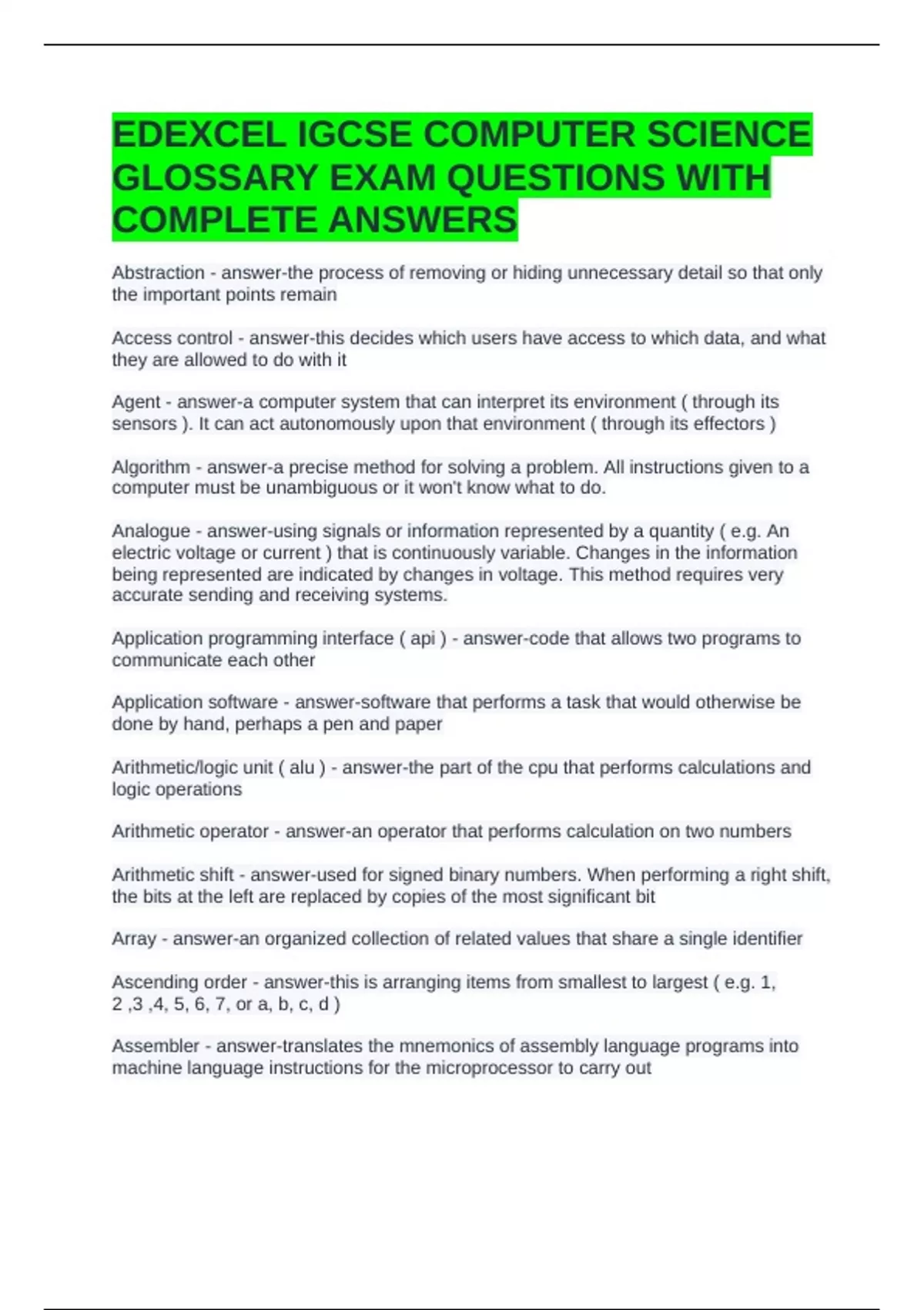 EDEXCEL IGCSE COMPUTER SCIENCE GLOSSARY EXAM QUESTIONS WITH COMPLETE