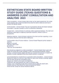 ESTHETICIAN STATE BOARD WRITTEN STUDY GUIDE (TEXAS) QUESTIONS & ANSWERS CLIENT CONSULTATION AND ANALYSIS  2023