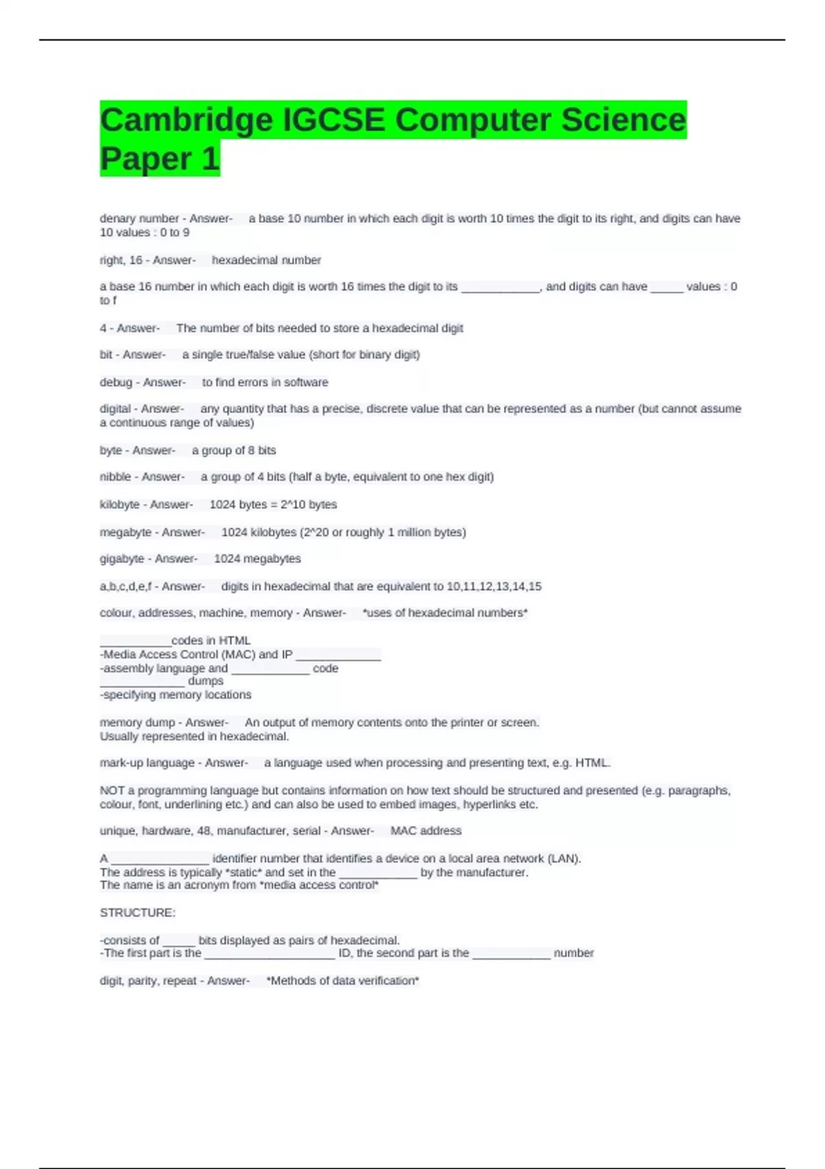 Cambridge IGCSE Computer Science Paper 1 Exams Questions and Answers ...