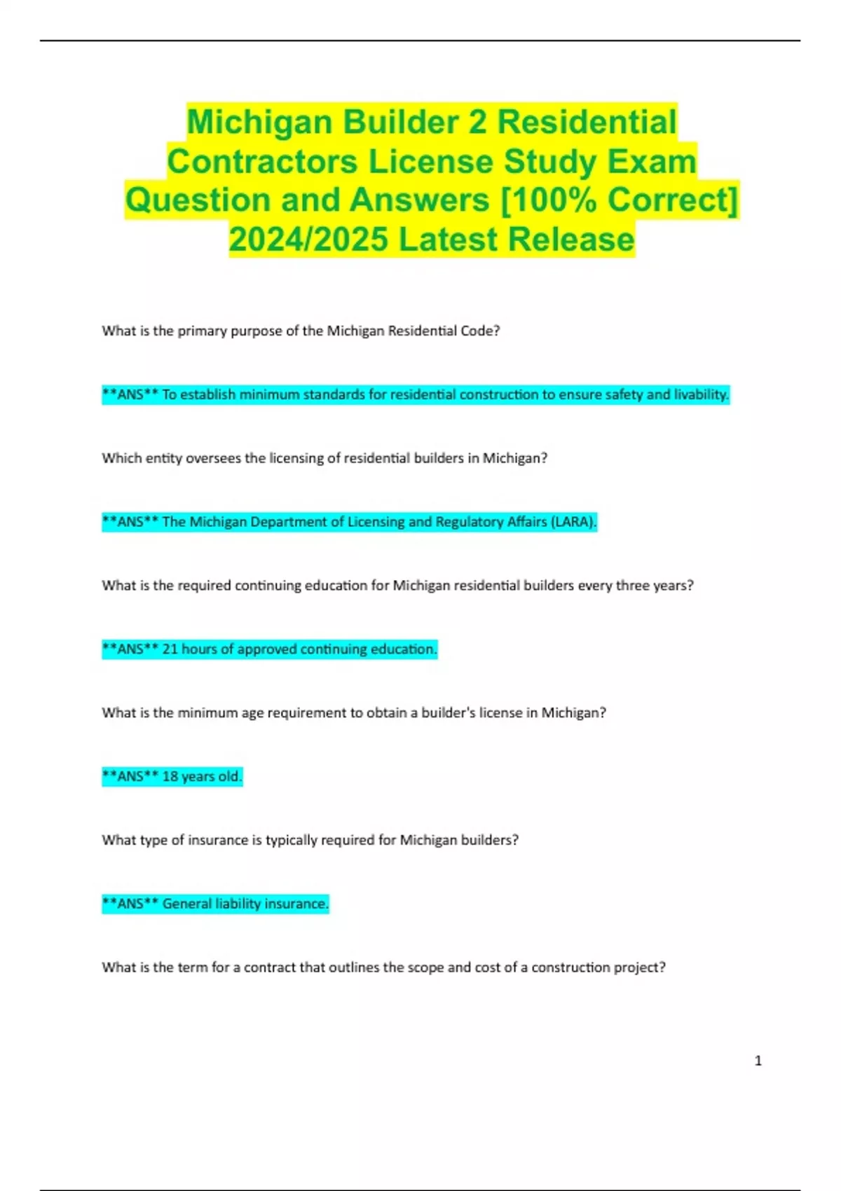 Michigan Builder 2 Residential Contractors License Study Exam Question