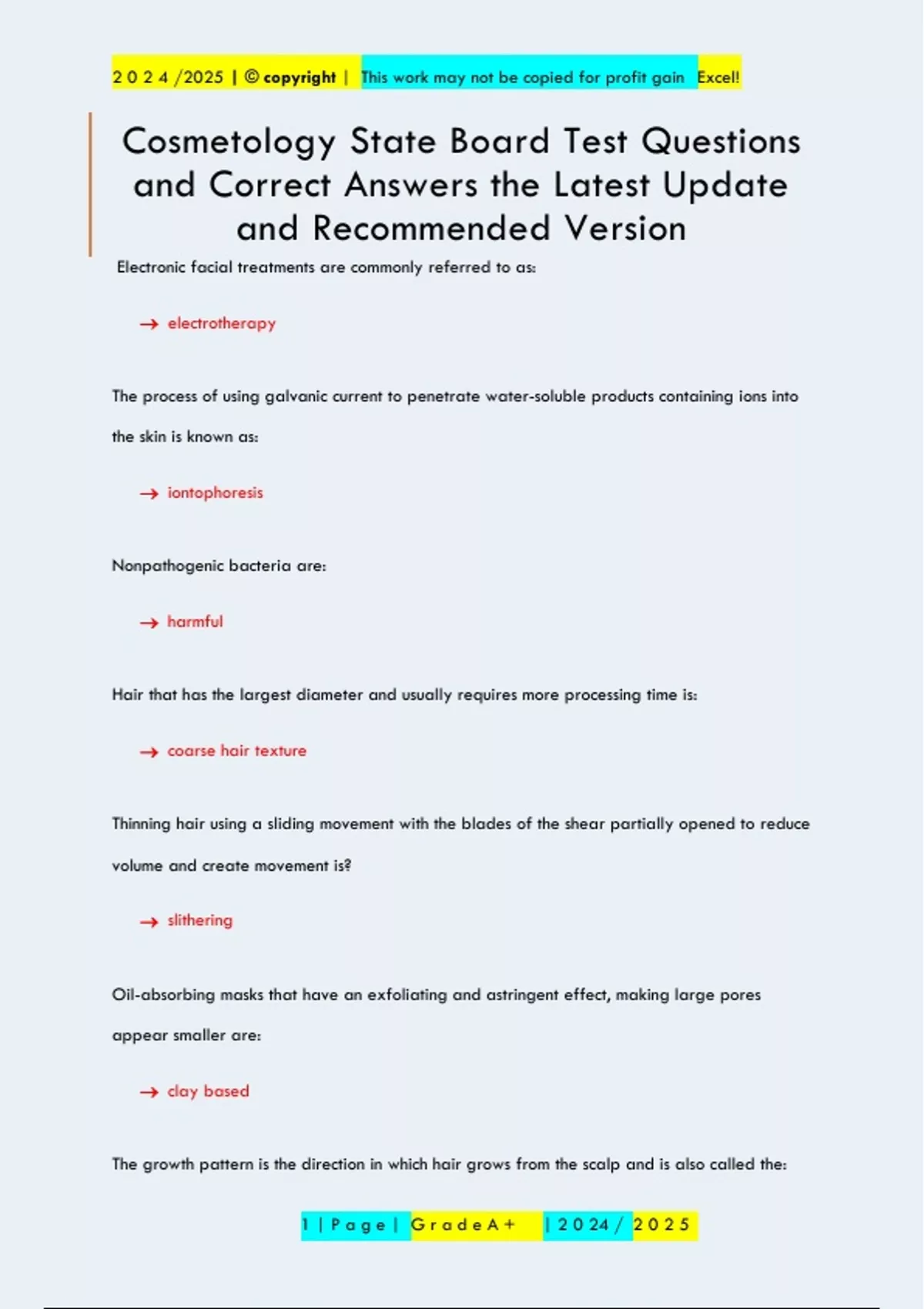 Cosmetology State Board Test Questions and Correct Answers the Latest