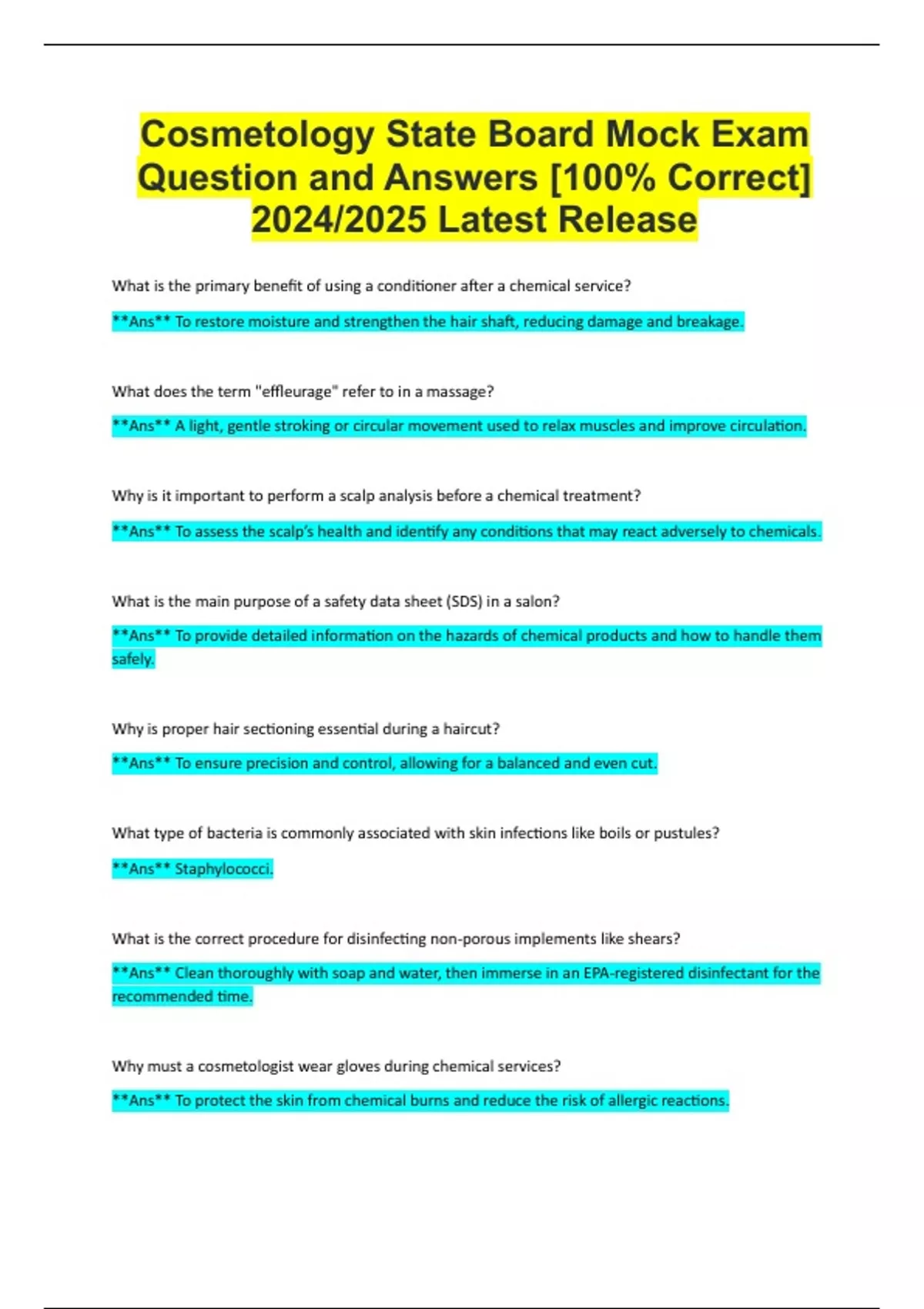 Cosmetology State Board Mock Exam Question and Answers [100 Correct