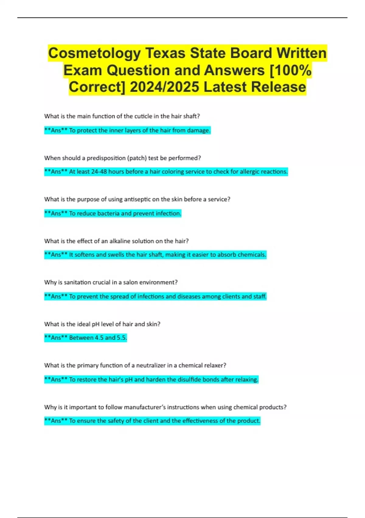 Cosmetology Texas State Board Written Exam Question and Answers [100