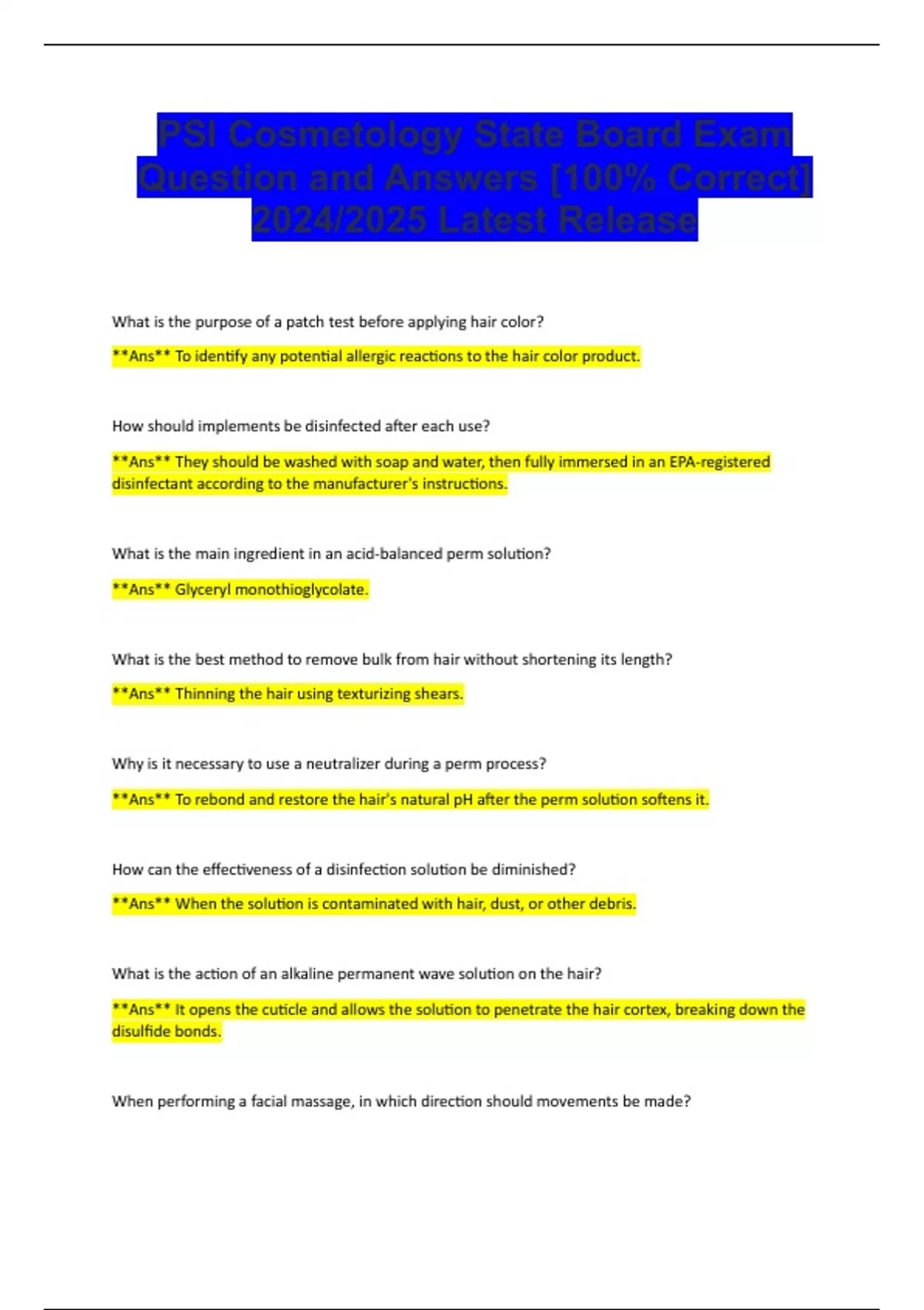 PSI Cosmetology State Board Exam Question and Answers [100 Correct