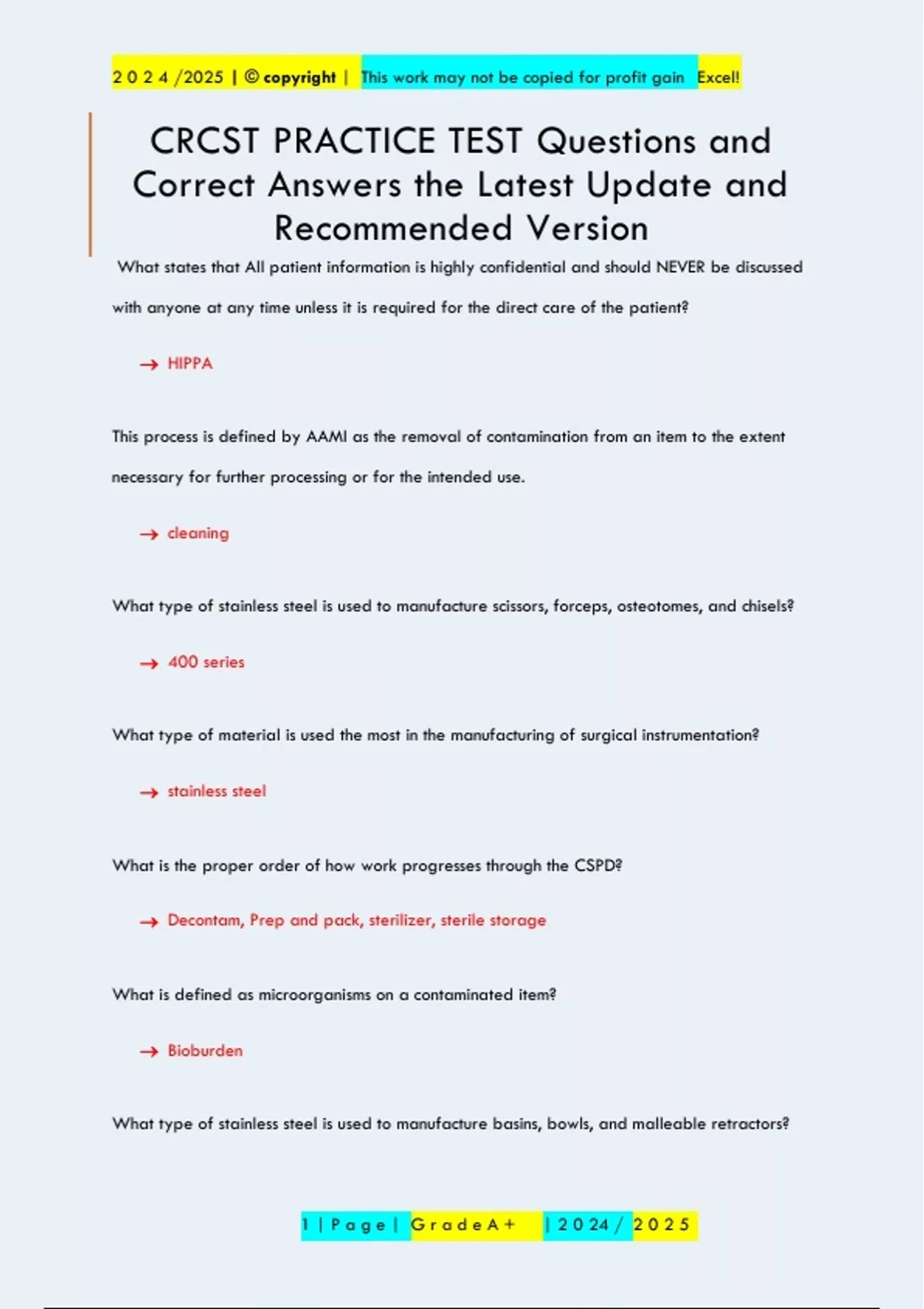 CRCST PRACTICE TEST Questions and Correct Answers the Latest Update and ...