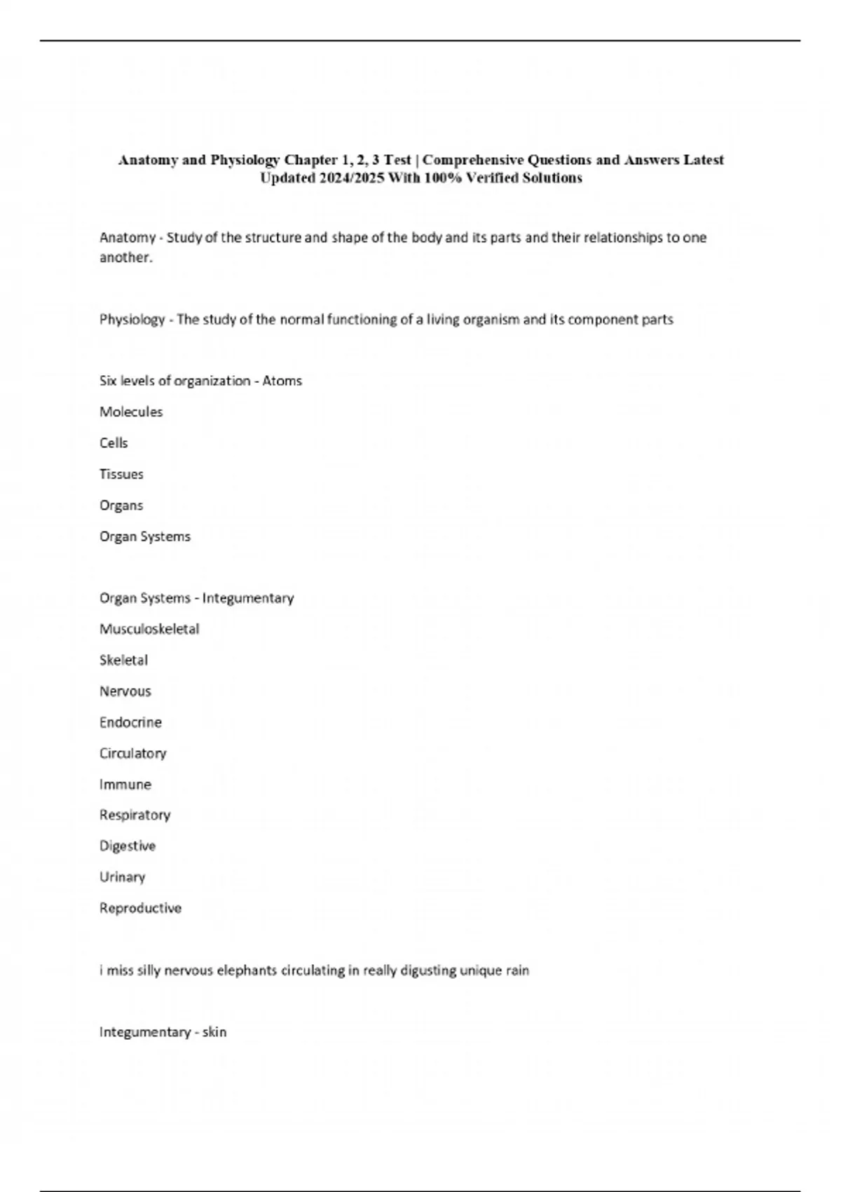 Anatomy and Physiology Chapter 1, 2, 3 Test | Comprehensive Questions ...