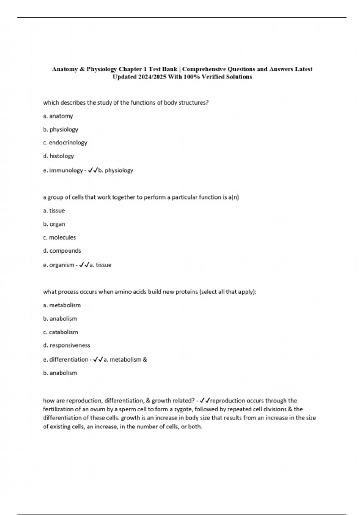 Anatomy & Physiology Chapter 1 Test Bank | Comprehensive Questions and ...