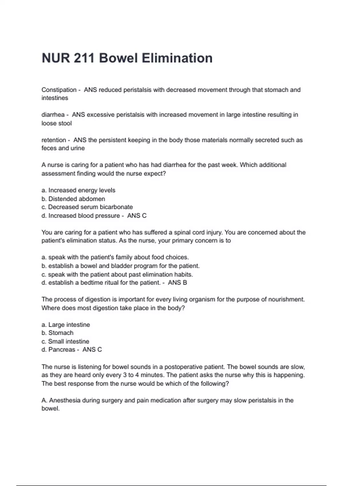 NUR 211 Bowel Elimination Exam Questions with complete solutions latest ...