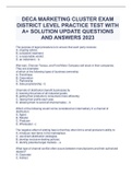 DECA MARKETING CLUSTER EXAM DISTRICT LEVEL PRACTICE TEST WITH A+ SOLUTION UPDATE QUESTIONS AND ANSWERS 2023 
